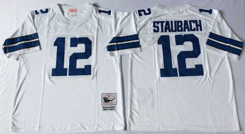 Cowboys 12 Roger Staubach White M&N Throwback Jersey->nfl m&n throwback->NFL Jersey